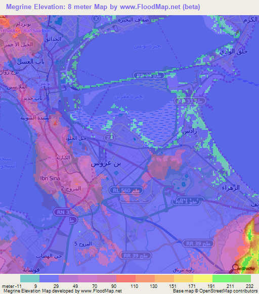 Megrine,Tunisia Elevation Map