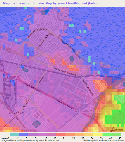 Megrine,Tunisia Elevation Map