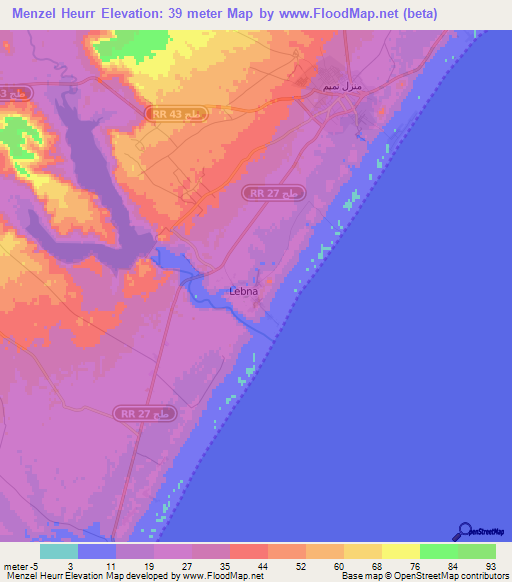 Menzel Heurr,Tunisia Elevation Map