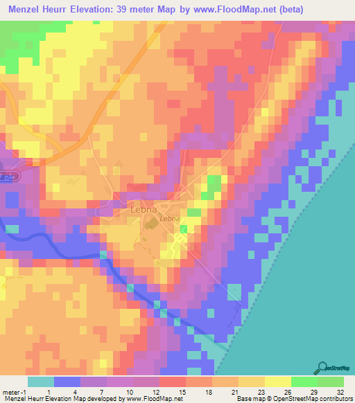Menzel Heurr,Tunisia Elevation Map