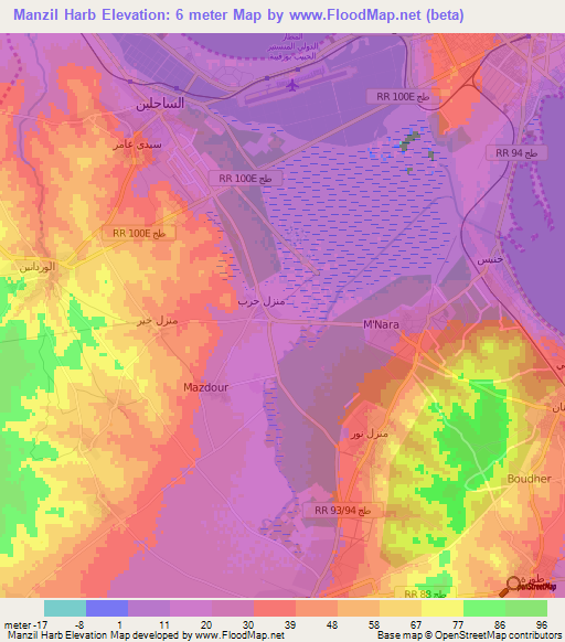Manzil Harb,Tunisia Elevation Map