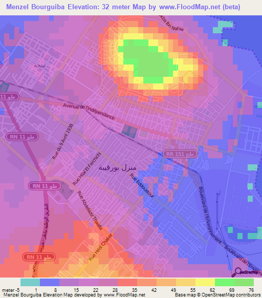 Menzel Bourguiba,Tunisia Elevation Map