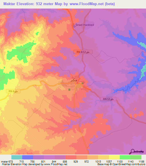 Maktar,Tunisia Elevation Map
