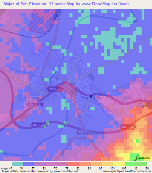 Majaz al Bab,Tunisia Elevation Map