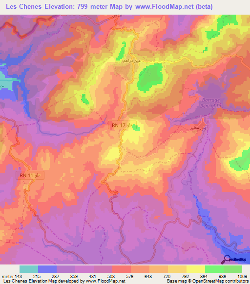 Les Chenes,Tunisia Elevation Map