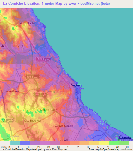 La Corniche,Tunisia Elevation Map
