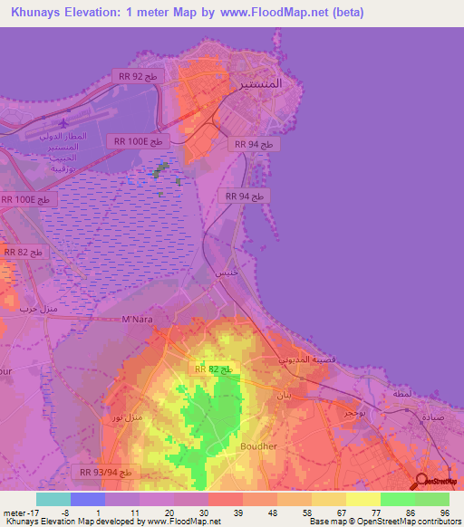 Khunays,Tunisia Elevation Map
