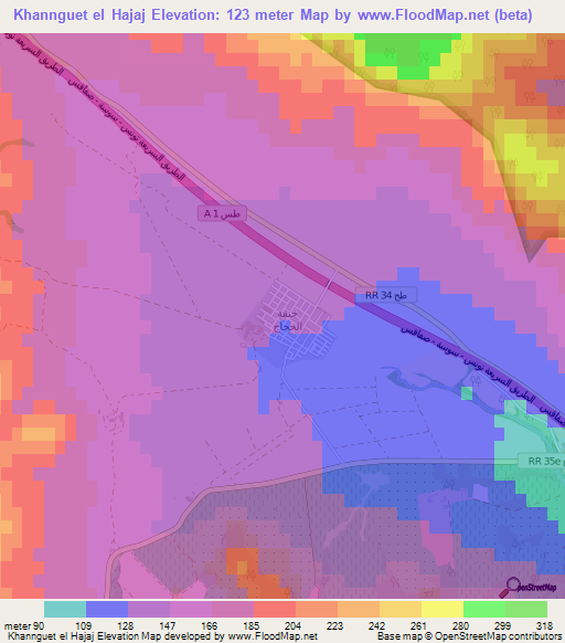 Khannguet el Hajaj,Tunisia Elevation Map