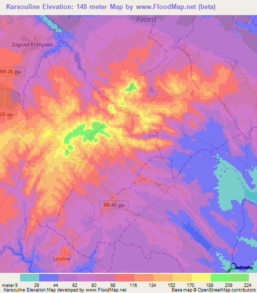 Karsouline,Tunisia Elevation Map