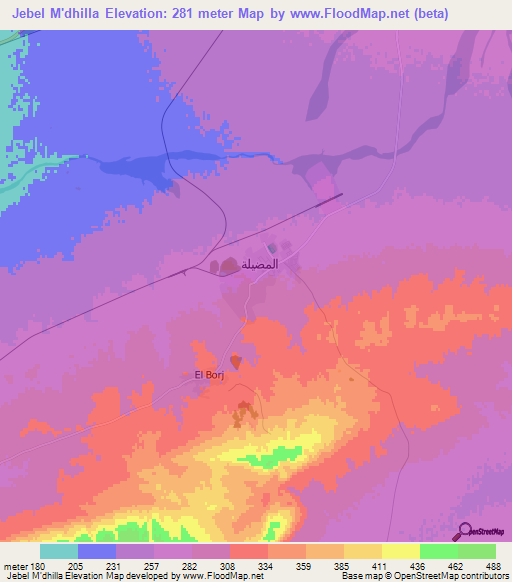 Jebel M'dhilla,Tunisia Elevation Map