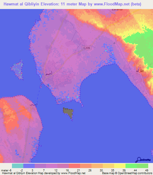 Hawmat al Qibliyin,Tunisia Elevation Map