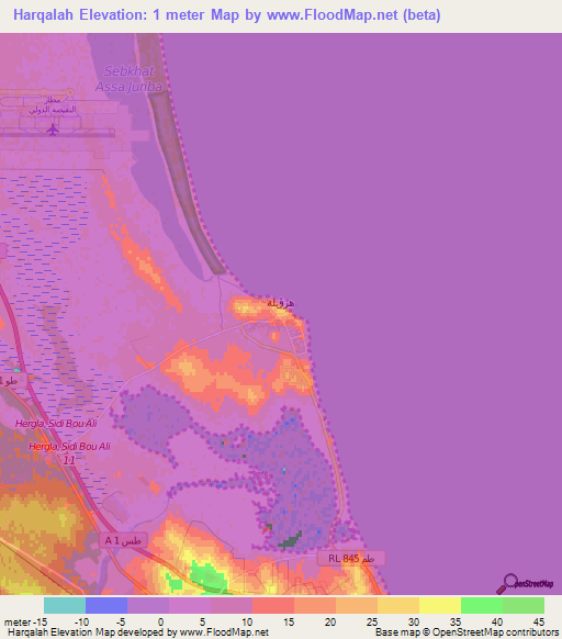 Harqalah,Tunisia Elevation Map
