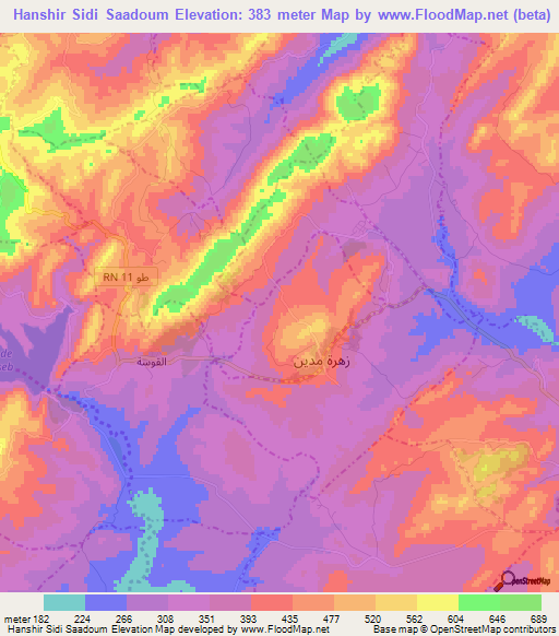 Hanshir Sidi Saadoum,Tunisia Elevation Map
