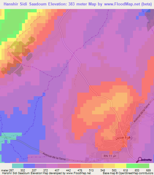 Hanshir Sidi Saadoum,Tunisia Elevation Map