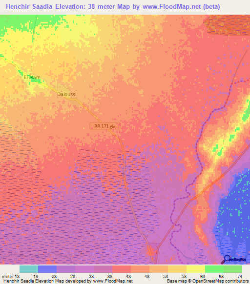 Henchir Saadia,Tunisia Elevation Map