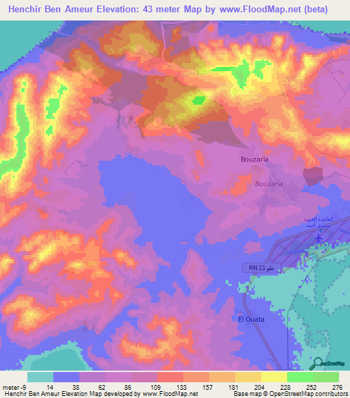 Henchir Ben Ameur,Tunisia Elevation Map