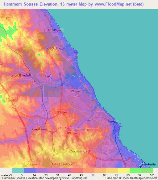 Hammam Sousse,Tunisia Elevation Map