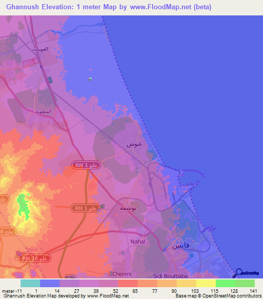 Ghannush,Tunisia Elevation Map