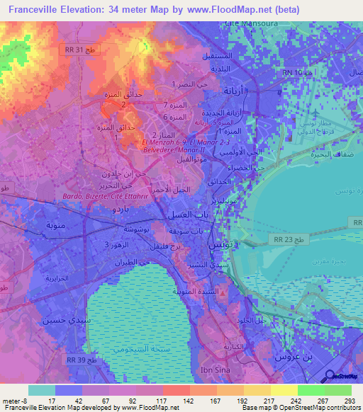 Franceville,Tunisia Elevation Map