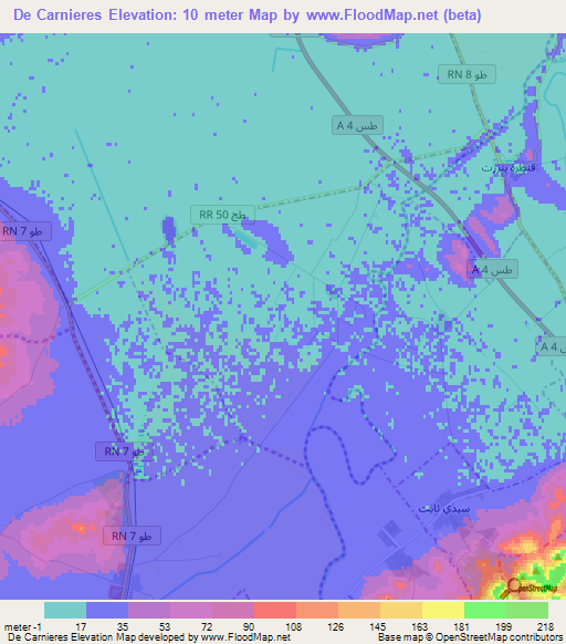 De Carnieres,Tunisia Elevation Map
