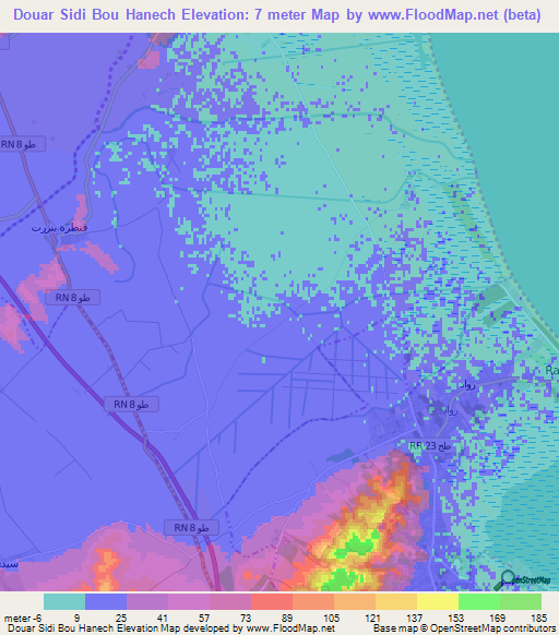 Douar Sidi Bou Hanech,Tunisia Elevation Map