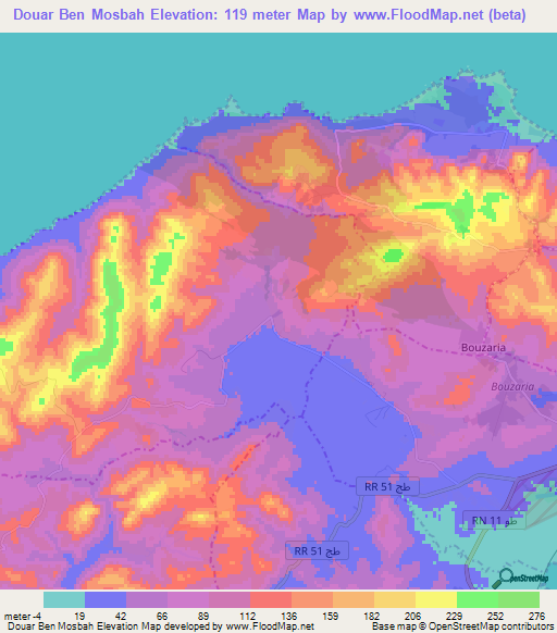 Douar Ben Mosbah,Tunisia Elevation Map