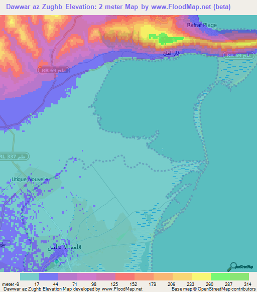 Dawwar az Zughb,Tunisia Elevation Map