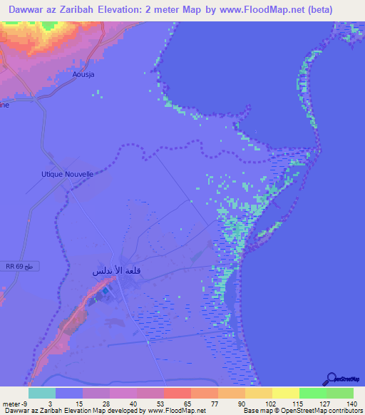 Dawwar az Zaribah,Tunisia Elevation Map