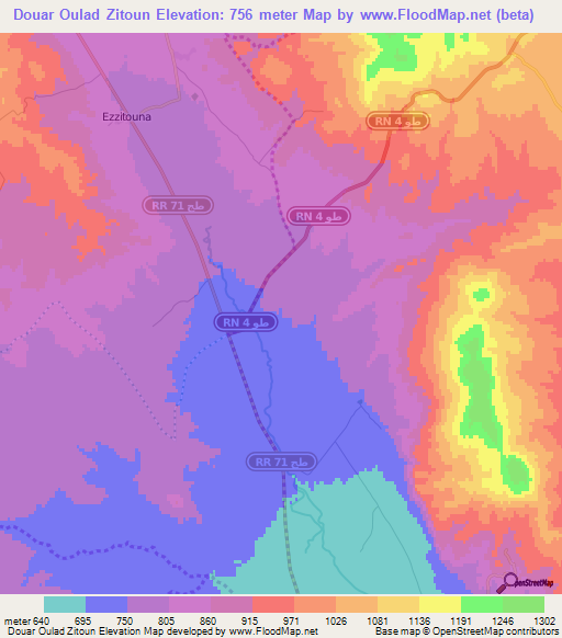 Douar Oulad Zitoun,Tunisia Elevation Map