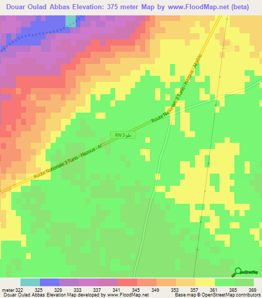 Douar Oulad Abbas,Tunisia Elevation Map