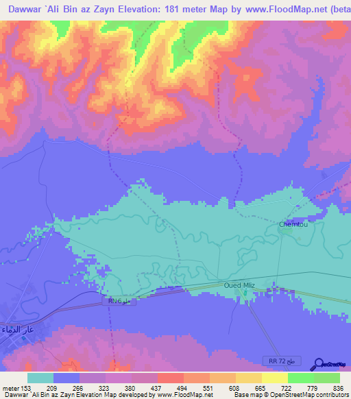 Dawwar `Ali Bin az Zayn,Tunisia Elevation Map