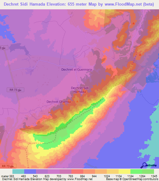 Dechret Sidi Hamada,Tunisia Elevation Map