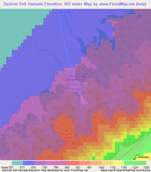 Dechret Sidi Hamada,Tunisia Elevation Map