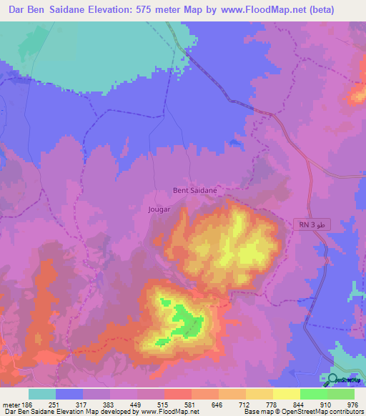 Dar Ben Saidane,Tunisia Elevation Map