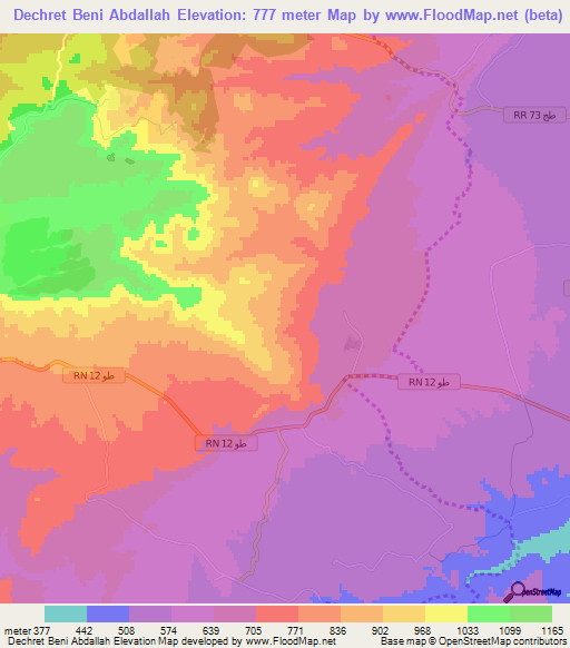 Dechret Beni Abdallah,Tunisia Elevation Map