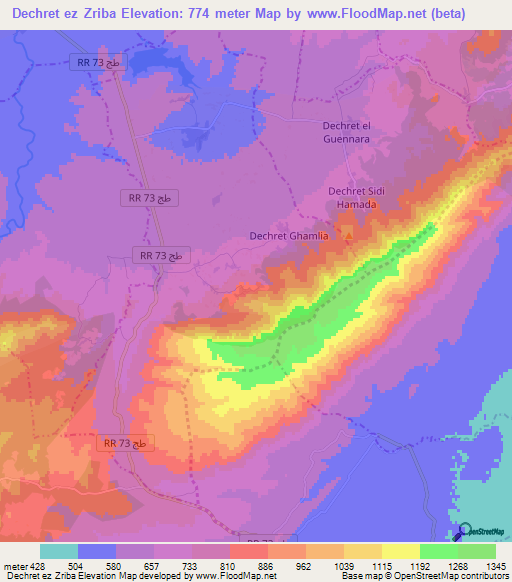 Dechret ez Zriba,Tunisia Elevation Map