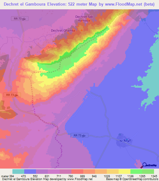 Dechret el Gamboura,Tunisia Elevation Map