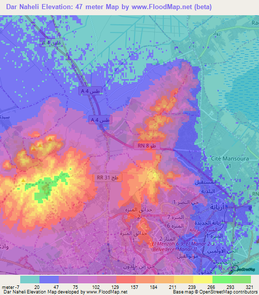 Dar Naheli,Tunisia Elevation Map