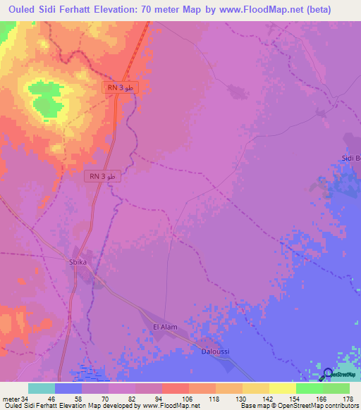 Ouled Sidi Ferhatt,Tunisia Elevation Map