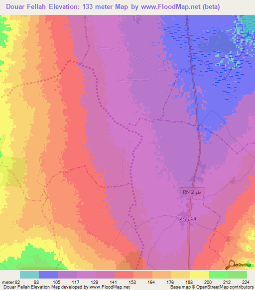 Douar Fellah,Tunisia Elevation Map