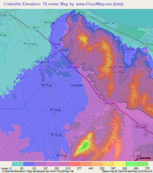 Creteville,Tunisia Elevation Map