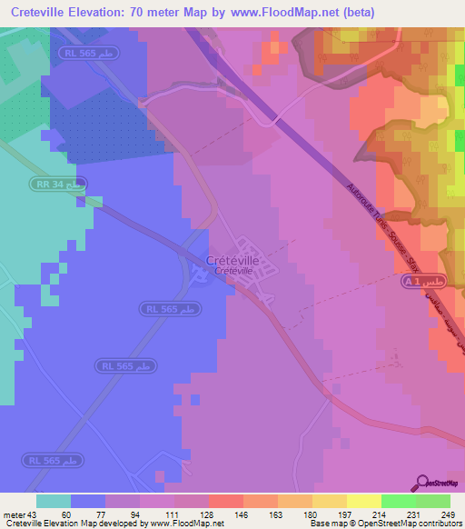 Creteville,Tunisia Elevation Map