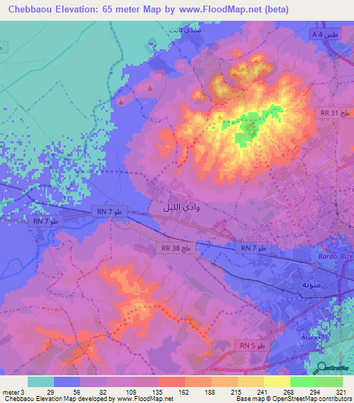 Chebbaou,Tunisia Elevation Map