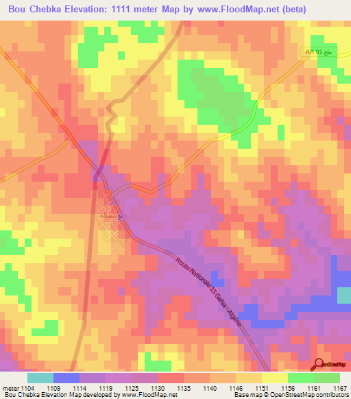 Bou Chebka,Tunisia Elevation Map
