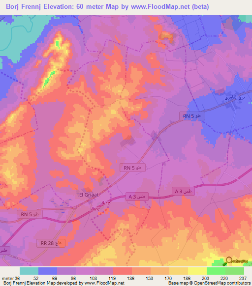 Borj Frennj,Tunisia Elevation Map