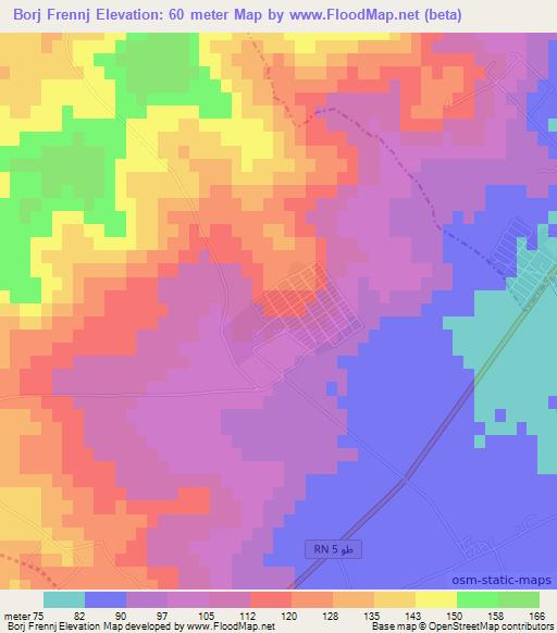 Borj Frennj,Tunisia Elevation Map
