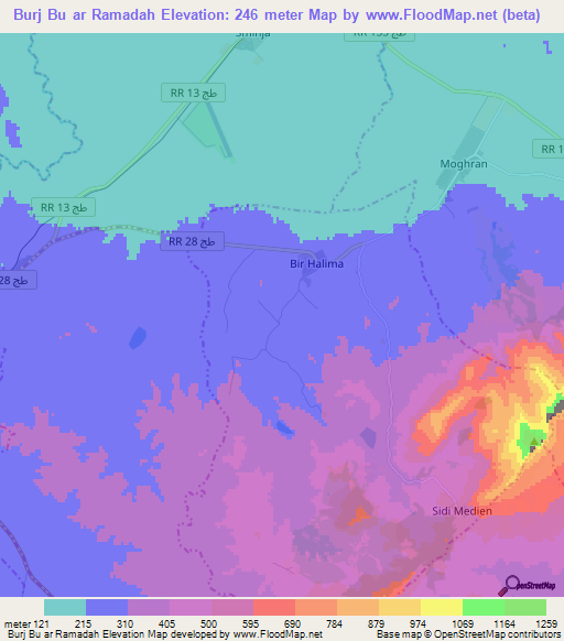 Burj Bu ar Ramadah,Tunisia Elevation Map