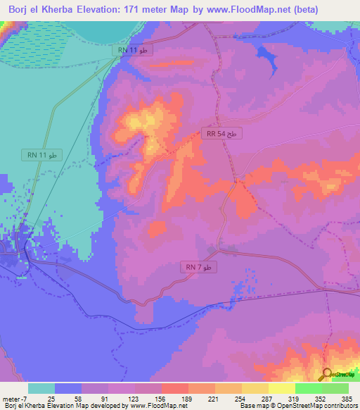 Borj el Kherba,Tunisia Elevation Map