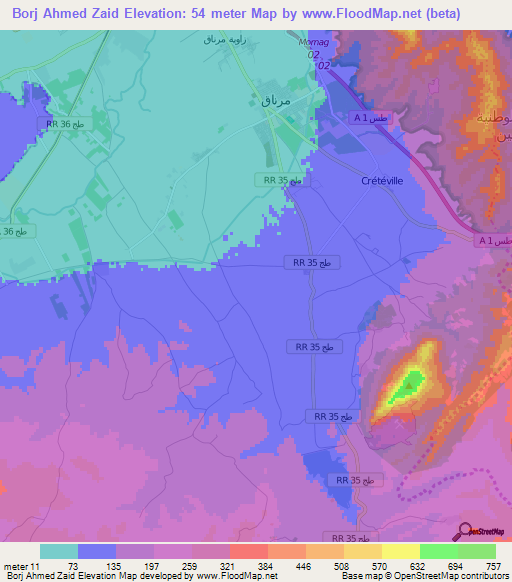 Borj Ahmed Zaid,Tunisia Elevation Map