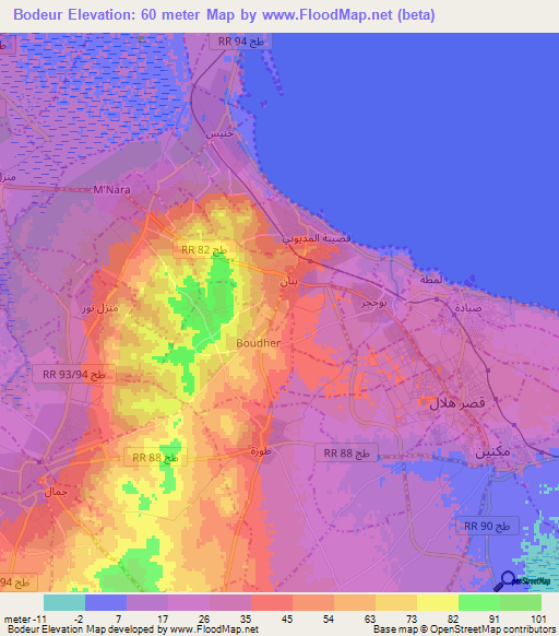 Bodeur,Tunisia Elevation Map